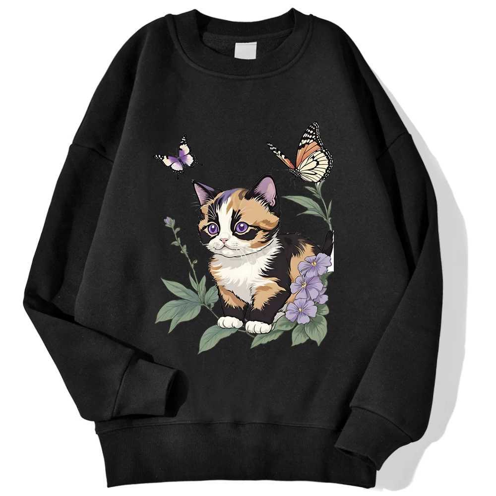 The Cat Is Catching Butterflies In The Flowers Hoodies MenFashion S-XXL Hoodie Casual High Quality Hoody Autumn Casual TopsXJ240812