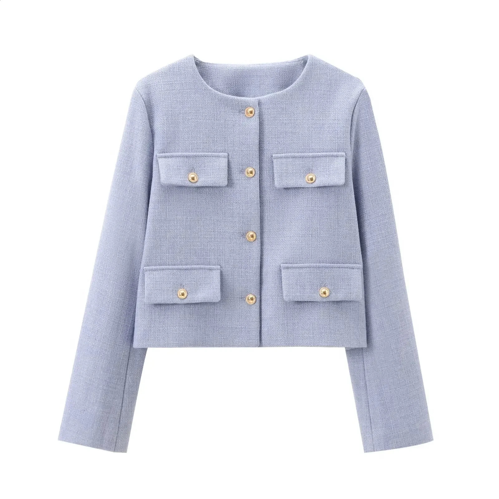 Autumn Cropped Jacket For Women Coat Winter Crop Jacket Tweed Round neck Long sleeved Demi-season Jacket Bomber Outerwears 240812