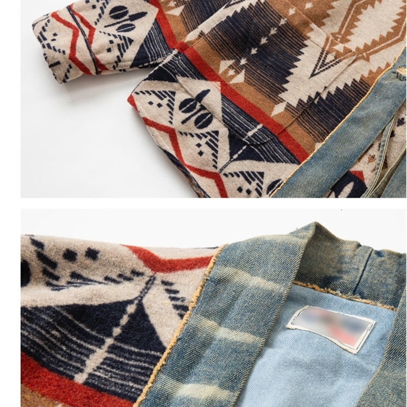 ABOORUN Men Retro Cardigan Robe National Denim Patches Jackets Streetwear Coat for Male 240810CJ