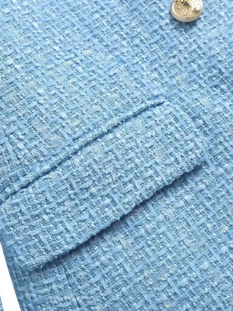 Women Fashion Blue Tweed Blazer Jacket Office Lady Double Breasted Pockets Vintage Female Coat Chic Streetwear Traje 240812