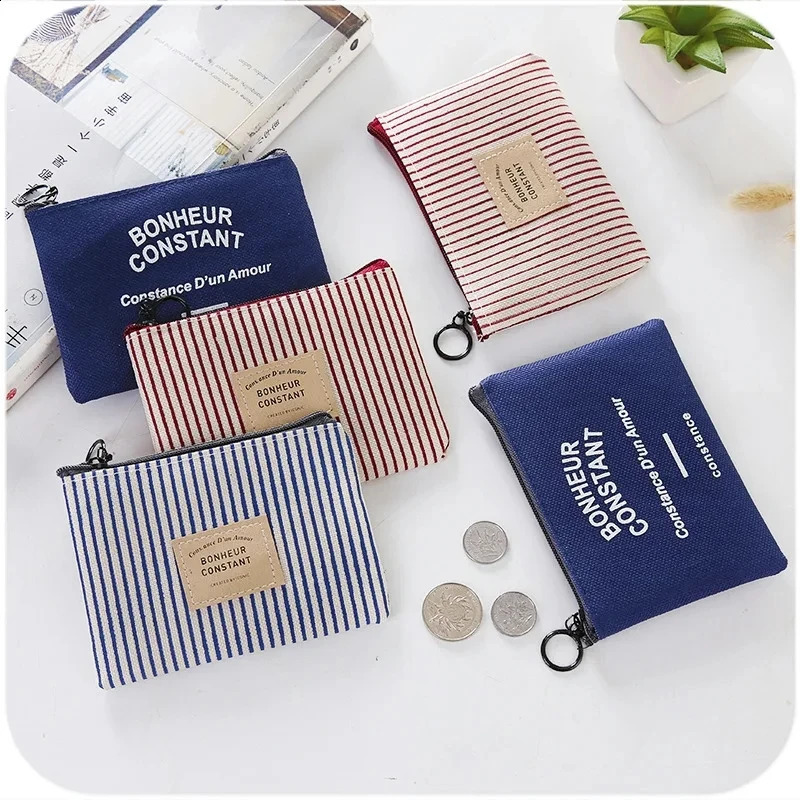 Cute Wallet Women Fabric Key Coin Purse Cartoon Square Mini Pouch Letter Striped Print Zipper Canvas Bags for Girls 240812