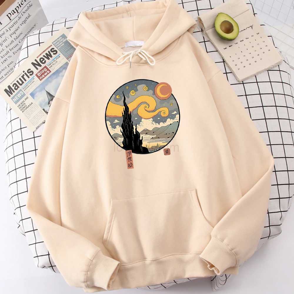 Starry Ukiyo-E Night Printing Hoodie Men Fashion Comfortable Hoody Autumn Fleece Sweatshirt Casual Warm Pullover TopsXJ240812