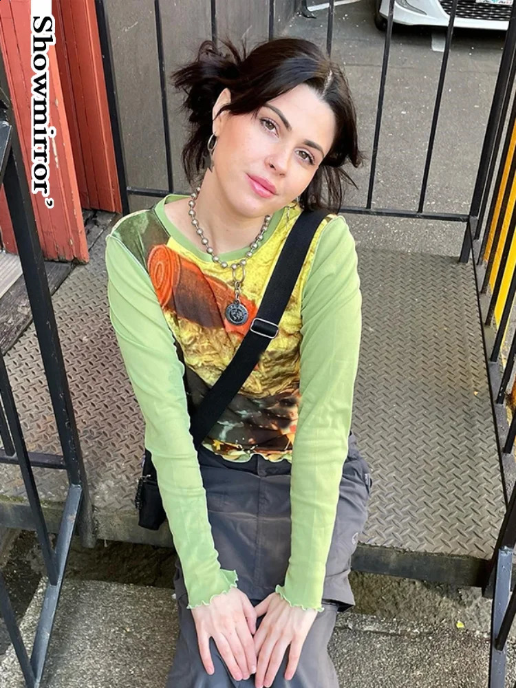 Fairycore Grunge Mesh Y2K T-shirt Womens Retro Green Retro Printed Cut Top Y2K Comparison Summer T-shirt240812