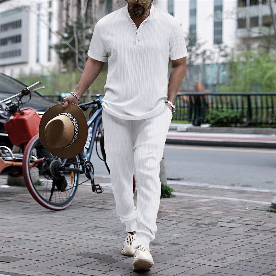 Mens shirt suit solid color striped short-sleeved casual shirt oversized beach shorts summer street wear 240812