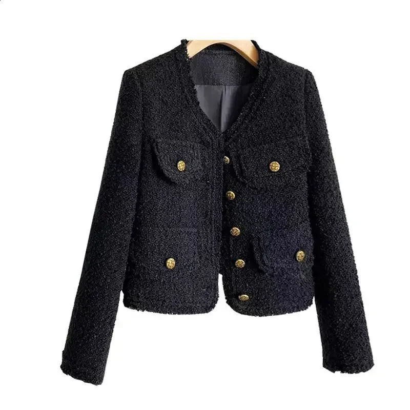 Spring Autumn Womens Jacket Tweed Blazer Vintage Long Sleeve Button Korean Chic Short Coat Black Office Lady Clothing 240812