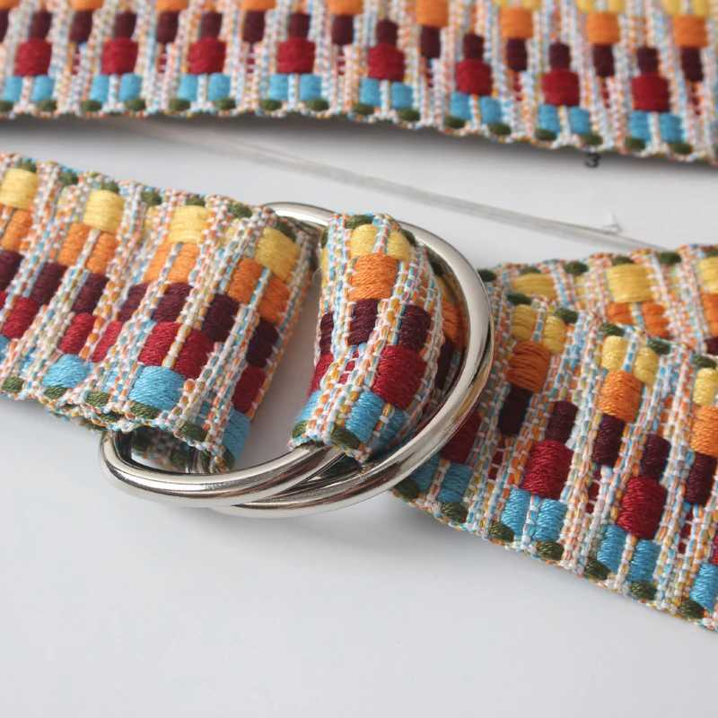Belts Newly printed womens canvas belt with D-ring buckle womens long multi-color woven waistband jeans Trouser womens waistband waistband Y240810OYRA