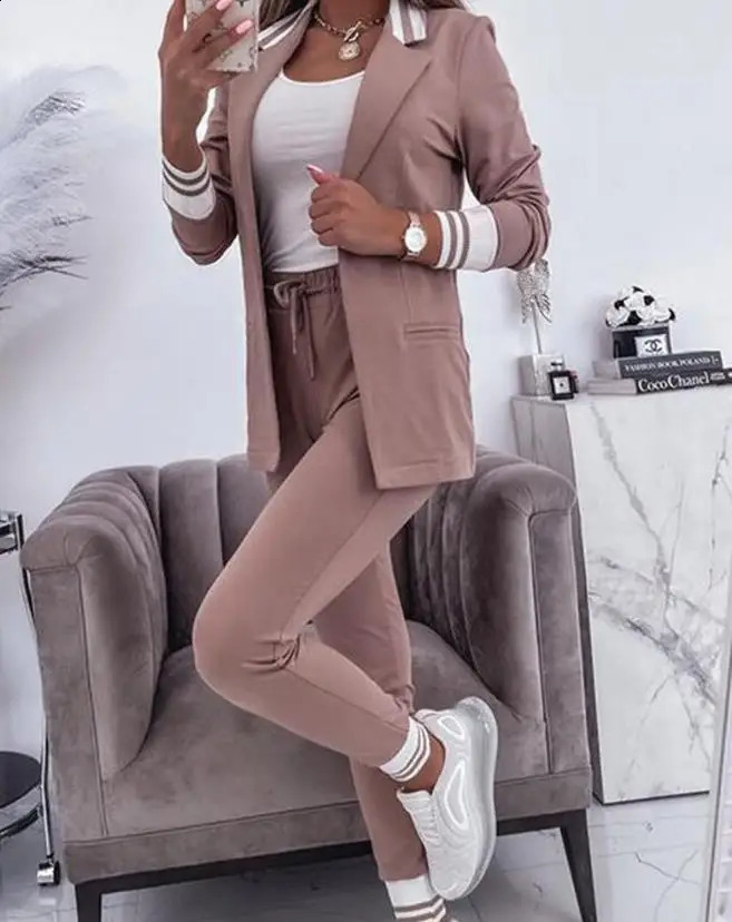 Womens Spring Double Breasted Blazer Office Pantsuit Striped Notched Collar Blazer Coat Drawstring Pants Set 2 Piece Set Female 240826