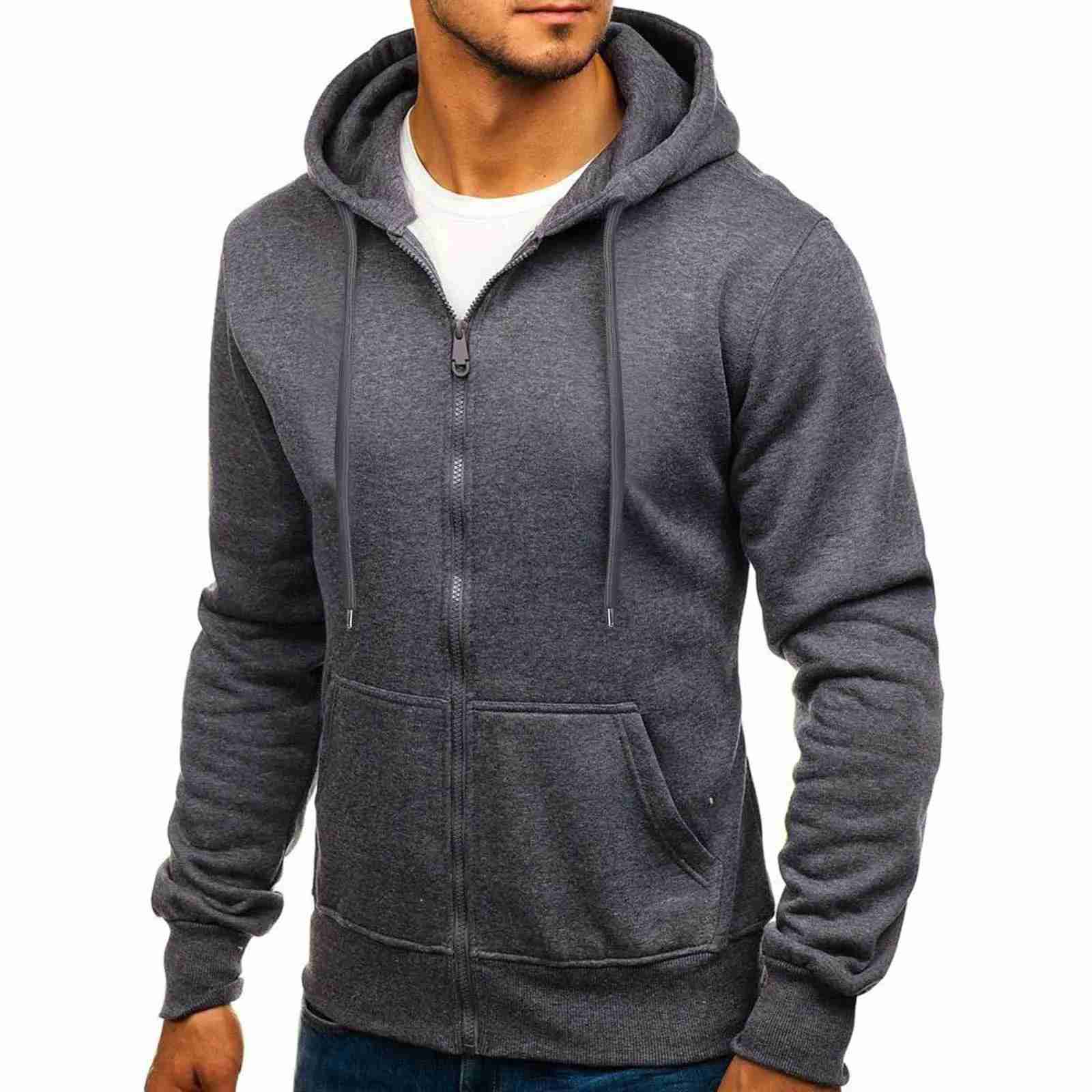 Mens Solid Color Hoodies Zip Up Hooded Tops Sweatshirts Outdoor Sports Tracksuits Drawstring Pockets Cardigan Coat TracksuitsXJ240812