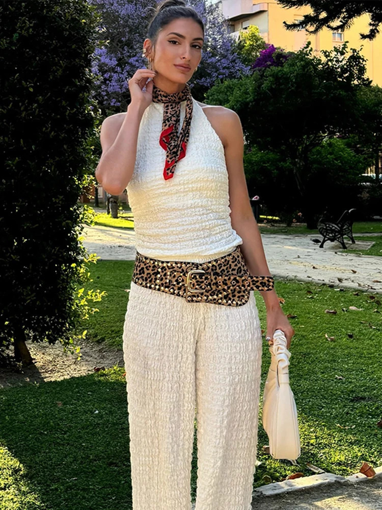 Elegant Pleated Halter Tops Pant Sets Women Sleeveless Backless Vest High Waist Wide Leg Trouser Suit Lady Fashion 2 Pieces 240812