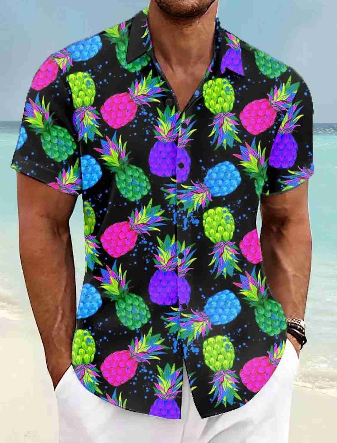 Pineapple Tropical Mens Shirt Summer Aloha Shirt Casual Holiday Summer Spring Turndown Short Sleeve Stretch Fabric ShirtXJ240812