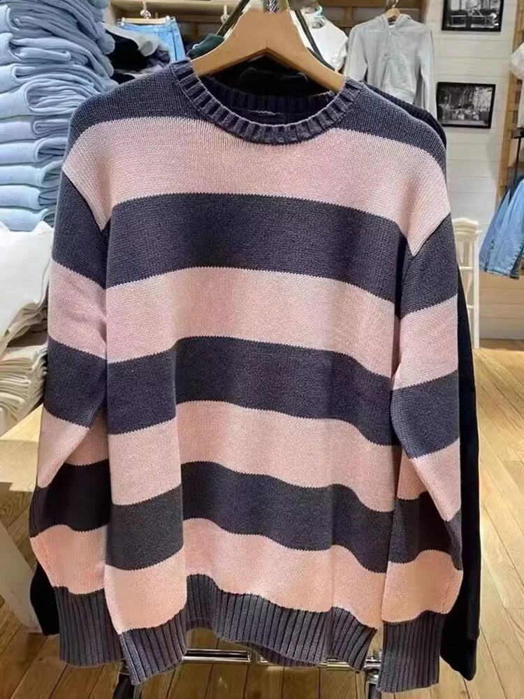 Vintage Striped Knit Loose Sweaters Women Preppy Style Soft Cotton Long Sleeve Sweater Female Spring Cute Oversize Tops 240812
