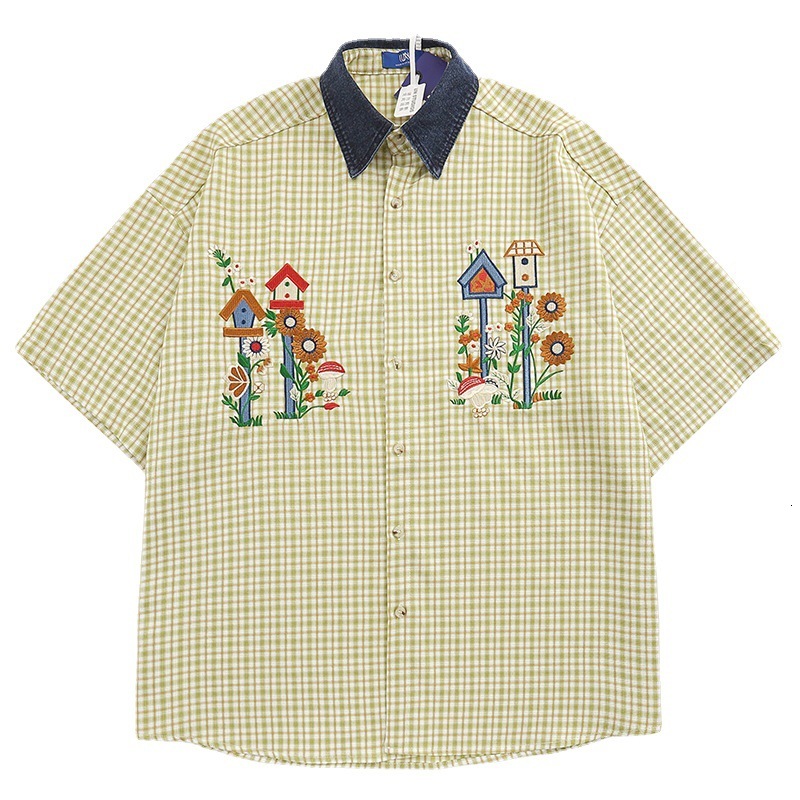 Mens China-chic Embroidery Plaid Short Sleeve Shirts Mens and Womens Tops Summer Design Small Coat
