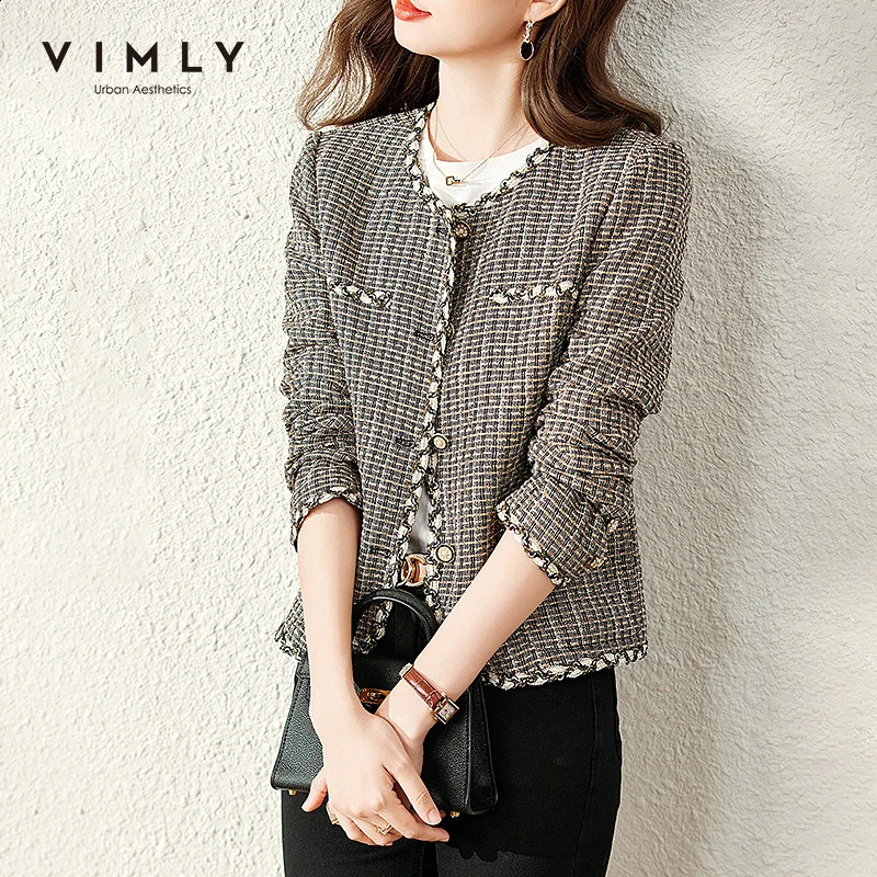 Vimly Short Tweed Jackets for Women Autumn Winter Korean Fashion Long Sleeve Elegant Jacket Coat Outerwear Clothes V0813 240812