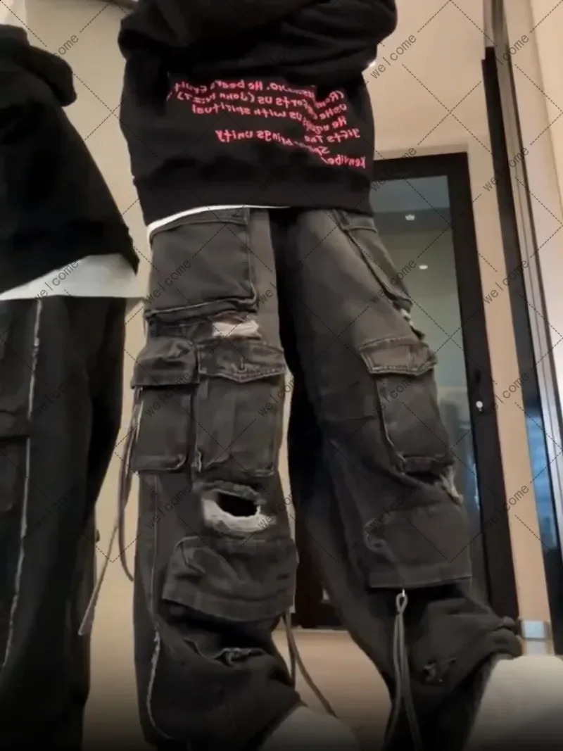 Harajuku ripped multi pocket Y2K high waisted jeans clothing 2000s hiphop street slim straight wide leg cargo bag pants 240807
