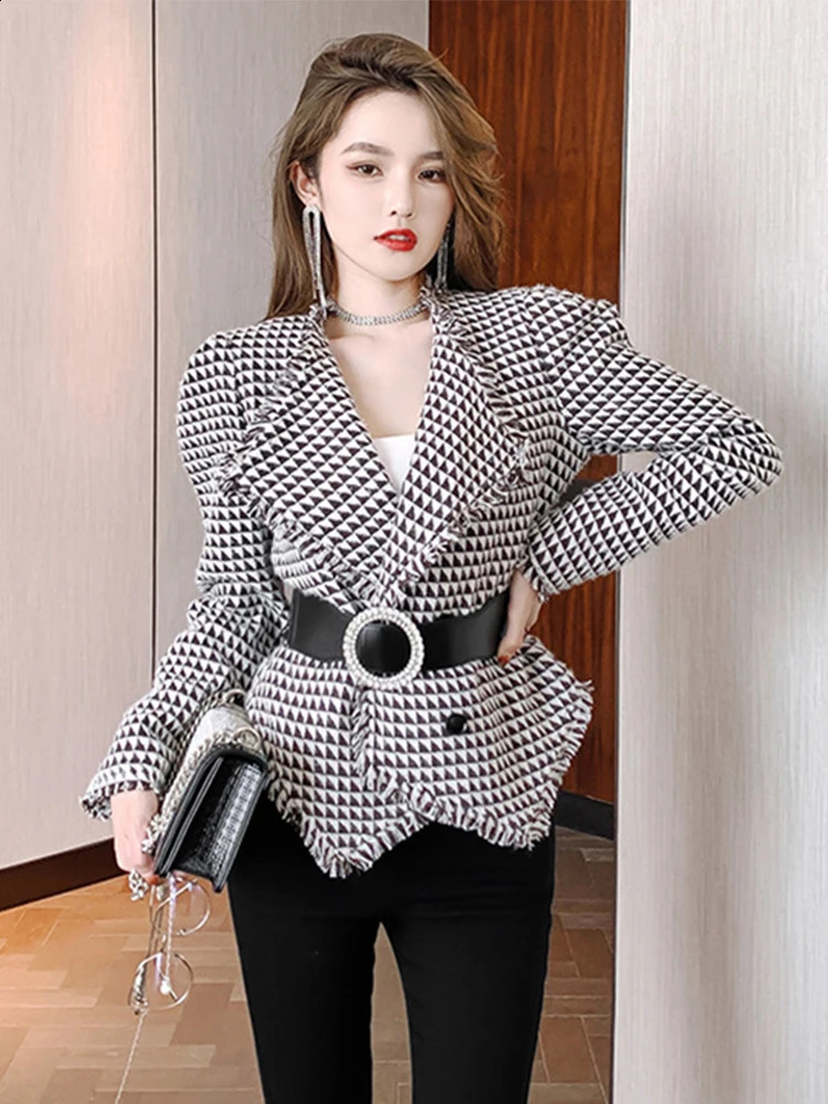 Fashion OL Casual Jackets for Woman Houndstooth Asymmetrical Double Breasted Belt Tassel Suit Tweed Elegant Short Lady Coat 240812