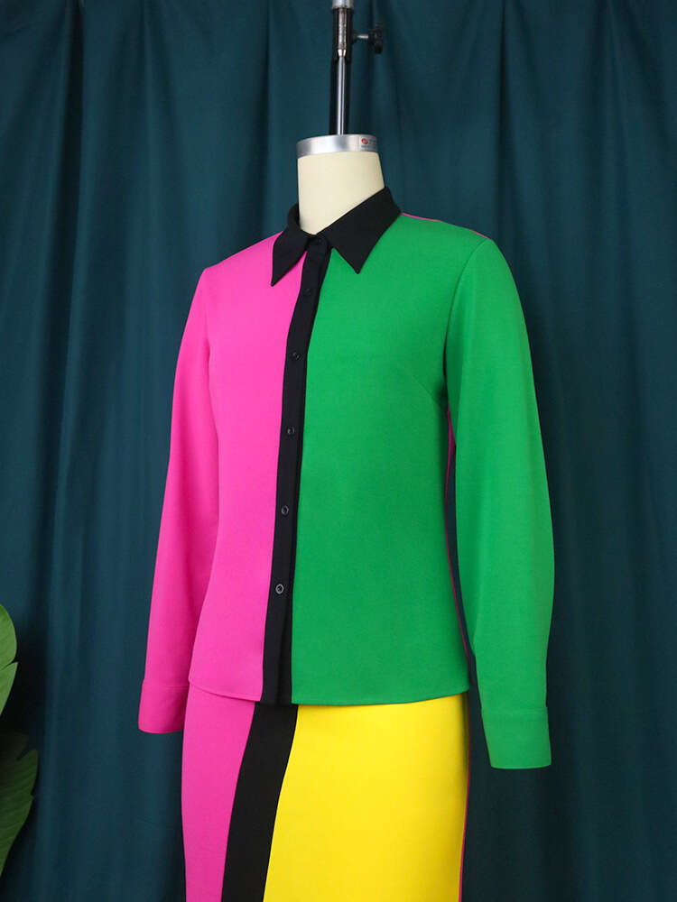 New autumn and winter color blocked long sleeved shirt niche, flamboyant, personalized, contrasting womens top blouse