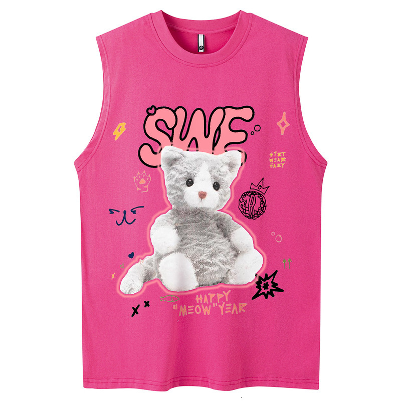 Mens Cool Pink Doll Printed Sleeveless Tank Top with Drop Feel Loose American Bottom Shirt