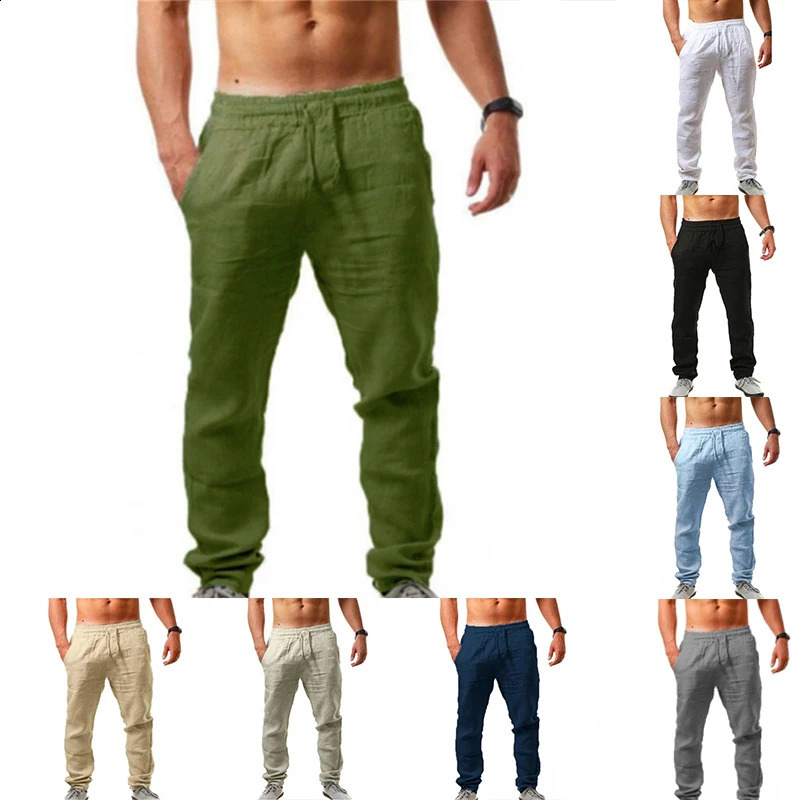 Leisure Mens Linen Long Pants Cotton Summer Drawstring Trousers Resort Trousers Men Thin Loose Straight Leg Pant Plus Size 2024 240812