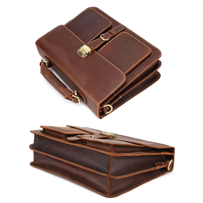 Fashionable retro large capacity leather mens briefcase top laptop bag crazy horse 15 inch computer messenger 240810