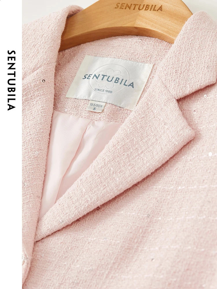 SENTUBILA Pink Elegant Cropped Tweed Jacket Spring Notched Single Breasted Straight Blazer Coat Women Outerwear 141W53603 240812