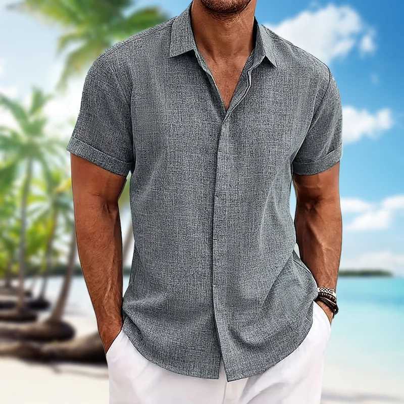 Mens short-sleeved shirt cotton linen lightweight skin-friendly beach top loose casual solid color fashion mens wearXJ240812
