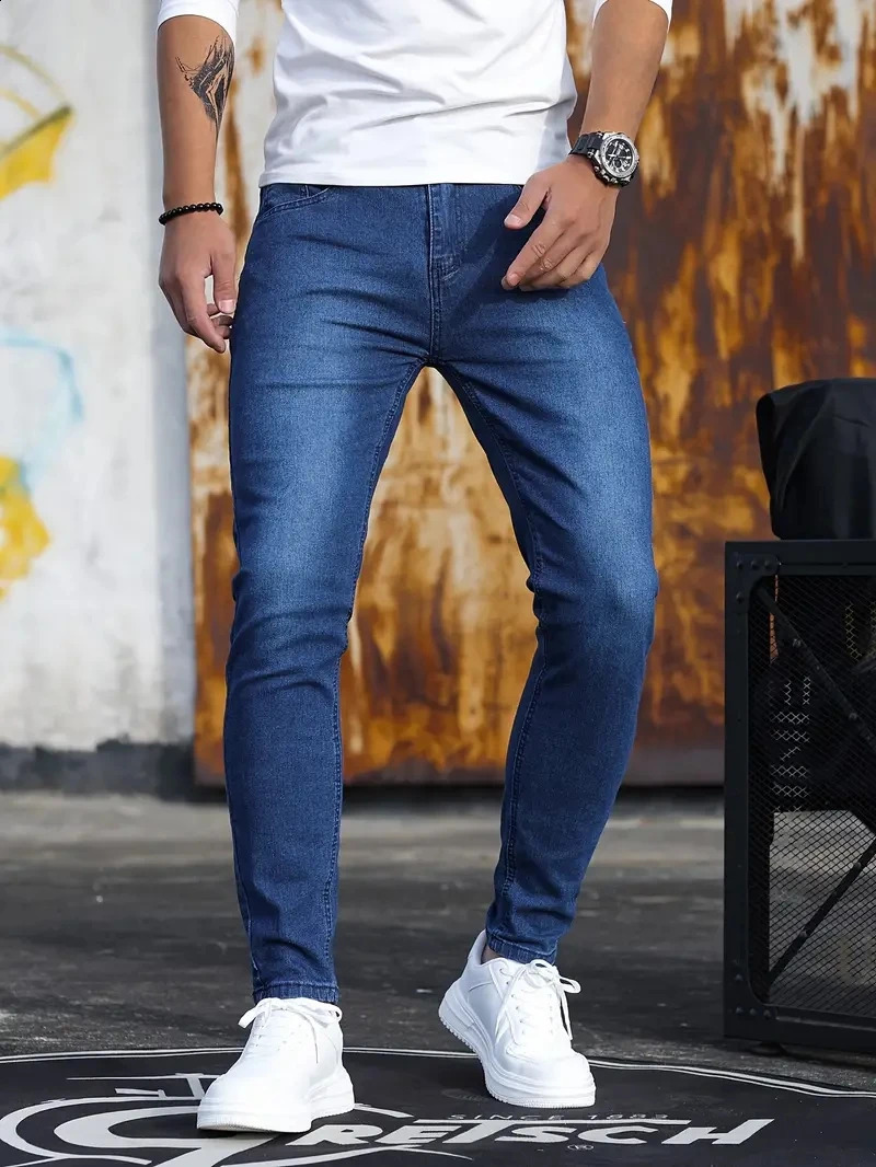 Man Pants Retro Washing Zipper Stretch Jeans Casual Slim Fit Trousers Male Plus Size Pencil Pants Denim Skinny Jeans for Men 240812