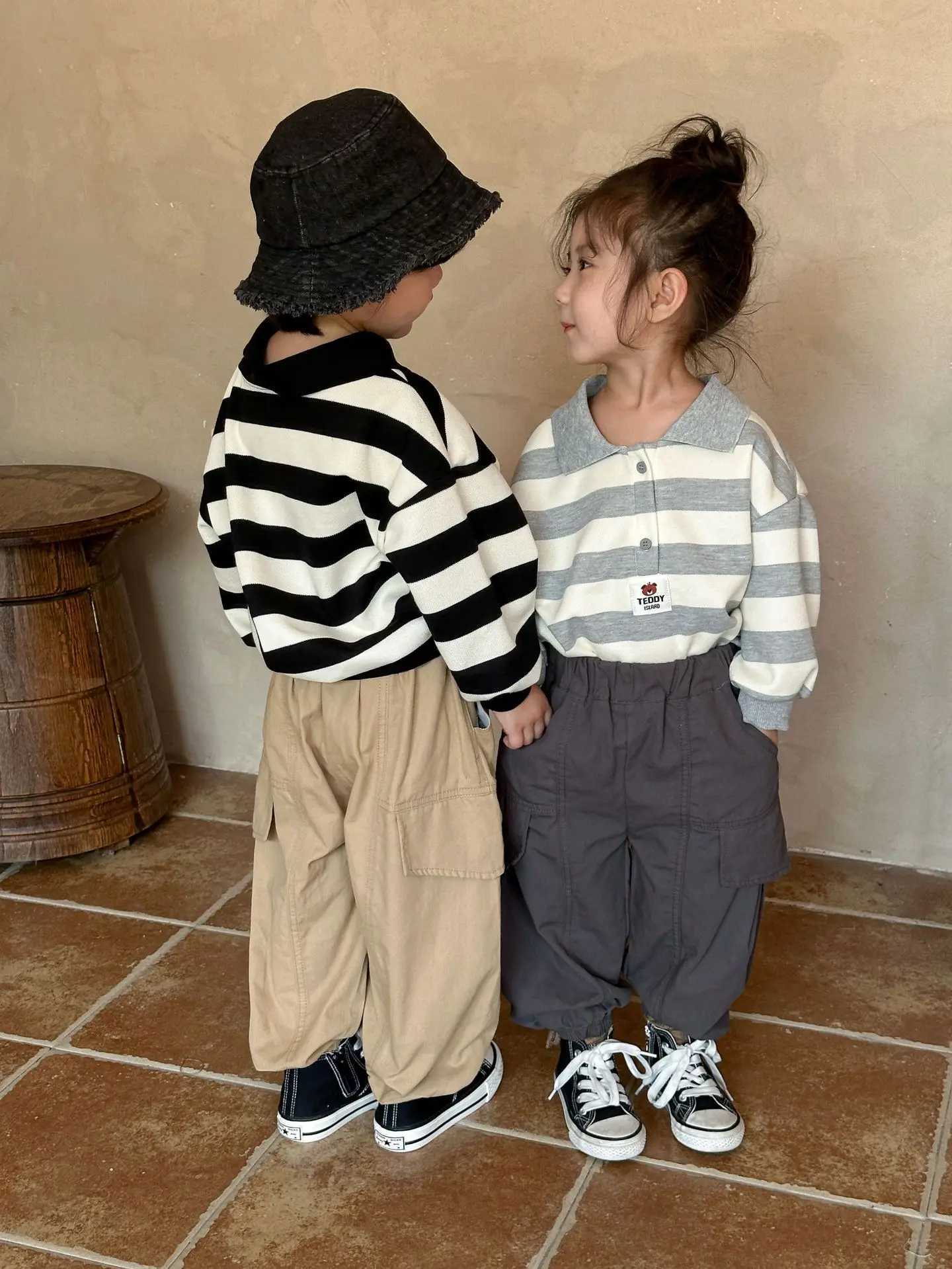 2024 Autumn Boy Girl Striped Long Sleeve Polo Shirt Fashion Children Cotton Sweatshirt Baby Casual Tops Comfort Kid Lapel HoodieXJ241225