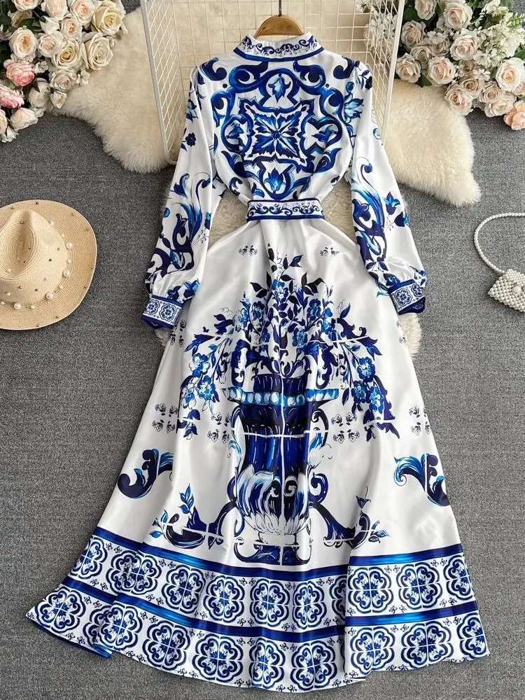 Autumn Fashion Blue And White Porcelain Vinatge Dress Women Clothing Lapel Collar Single Breasted Lace Up Holiday Maxi Vestidos 240812
