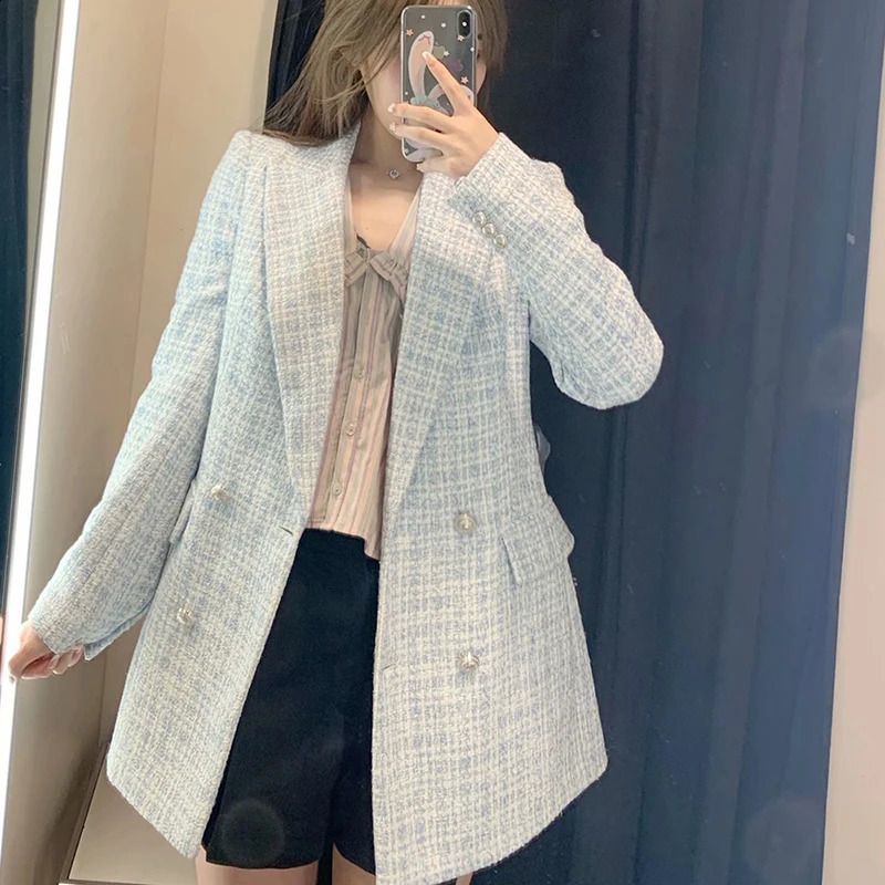 Za Women Suit Jacket Tweed Blazer Women Jacket Femme Plaszcz Wiosenny Damski Sobrecamisa Cuadros Plaid Checkered Blazer 240812
