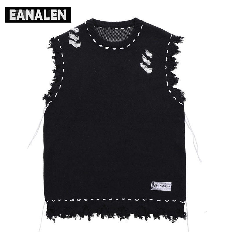 Harajuku Tattered fringed sweet vest womens y2k retro Korean oversized knitted ugly sleeveless mens aesthetic 240809