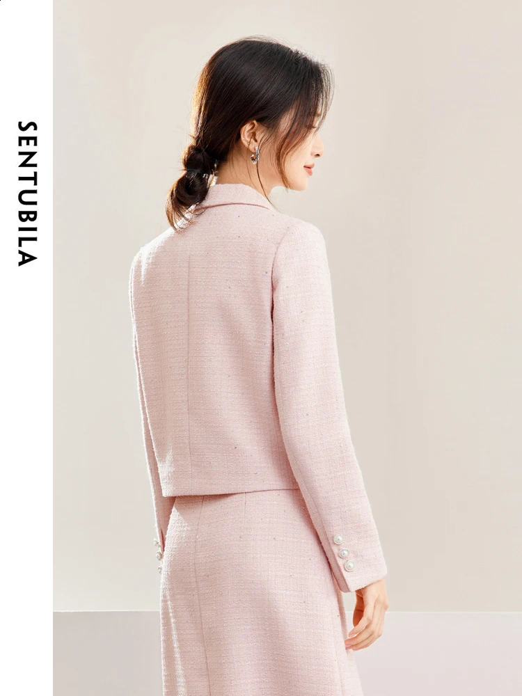 SENTUBILA Pink Elegant Cropped Tweed Jacket Spring Notched Single Breasted Straight Blazer Coat Women Outerwear 141W53603 240812