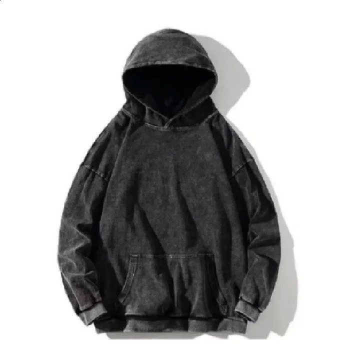 Vintage Pure Cotton Washed Solid Color Hoodie Autumn And Winter Hooded Pocket Round Neck Long Sleeved With Fleece 240812