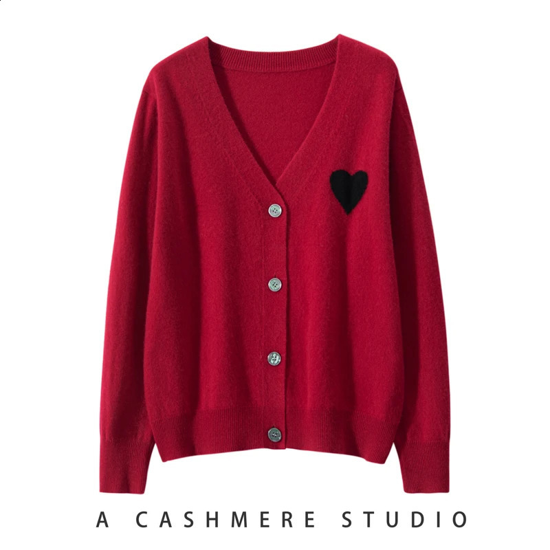 Spring Womens V-neck Cardigan Preppy Style 100% Cashmere Sweater Heart Embroidery Cashmere Knitwear Korean Clothes 240812