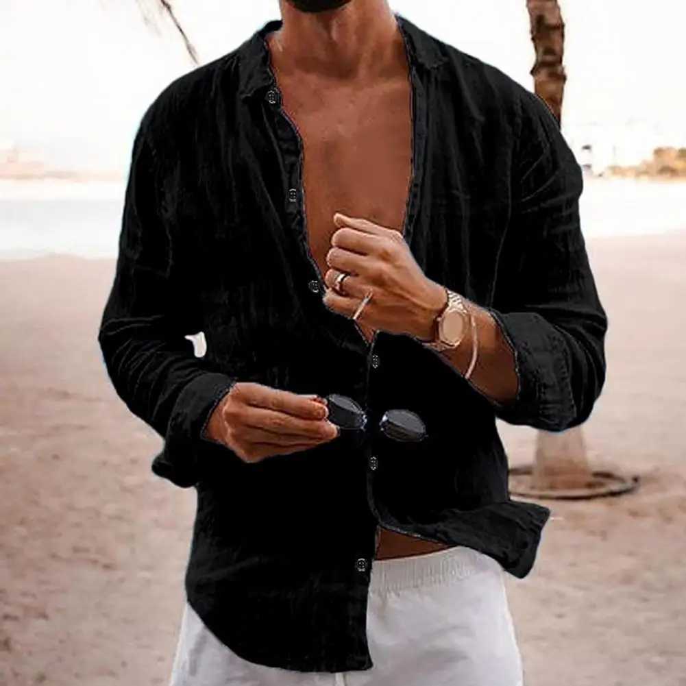 Cotton Linen Men Lapel Long Sleeve Shirt Tops Pleated Thin Solid Color Single Breasted V-neck Casual Shirt Tops Breathable ShirtXJ240812