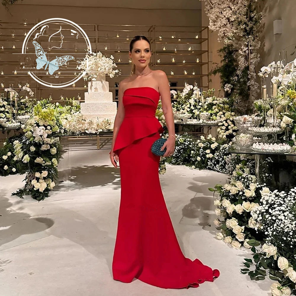 Simple Red Mermaid Strapless Pleats Stain Evening Dresses Sleeveless Open Back Sexy Floor Length Formal Prom Party Gown Celebrity Dresses
