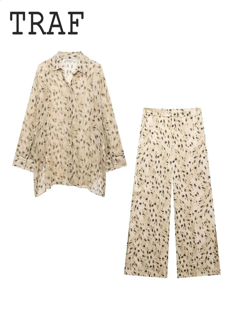 TRAF Animal Print 2 Piece Set Straight Leg Pants Set Semi Transparent Loose Shirt Top Womens 2 Piece Casual Streetwear 240812