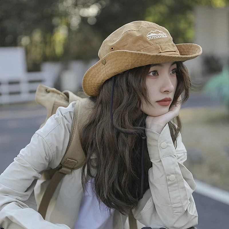 Outdoor mens bucket hat summer UV resistant line width Brim Panama hunting hiking letter embroidery fisherman beach sun 240812