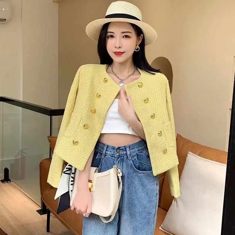 Yellow Chic Style Jacket for Women Spring Arrival Elegant Lady High-End Feel Coarse Tweed Suit Short Top 240812