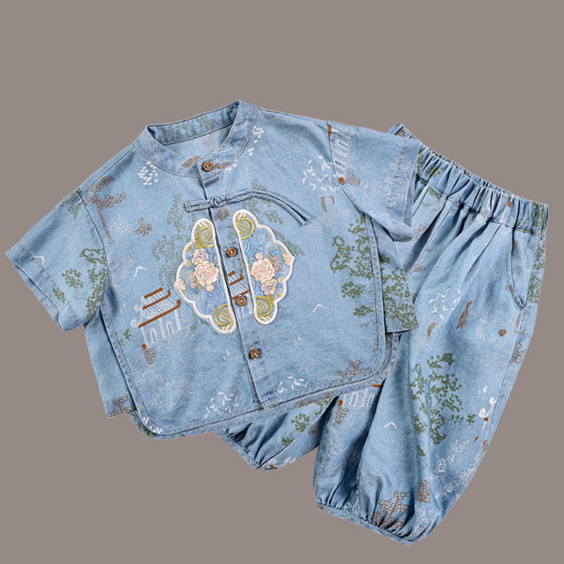 Summer children's explosive new Tencel cowboy short-sleeved suit boys and girls new Chinese Hanfu cowboy two-piece suit