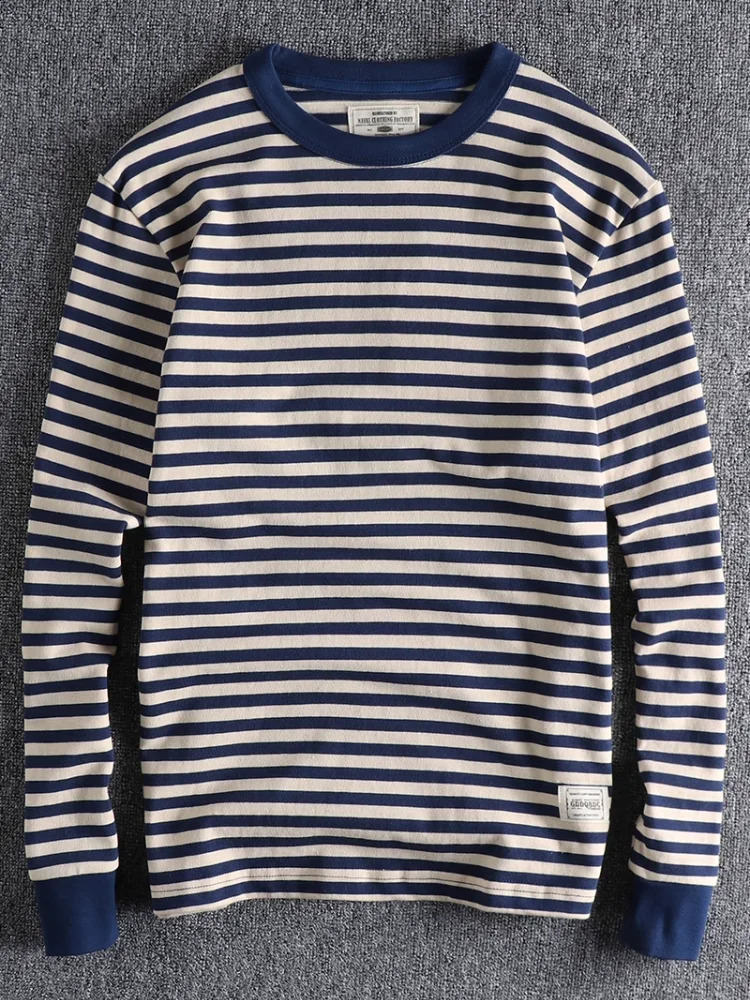 Autumn American Retro Long-sleeved O-neck Striped T-shirt Mens Fashion Simple 100% Cotton Washed Casual Sport Tops 240812