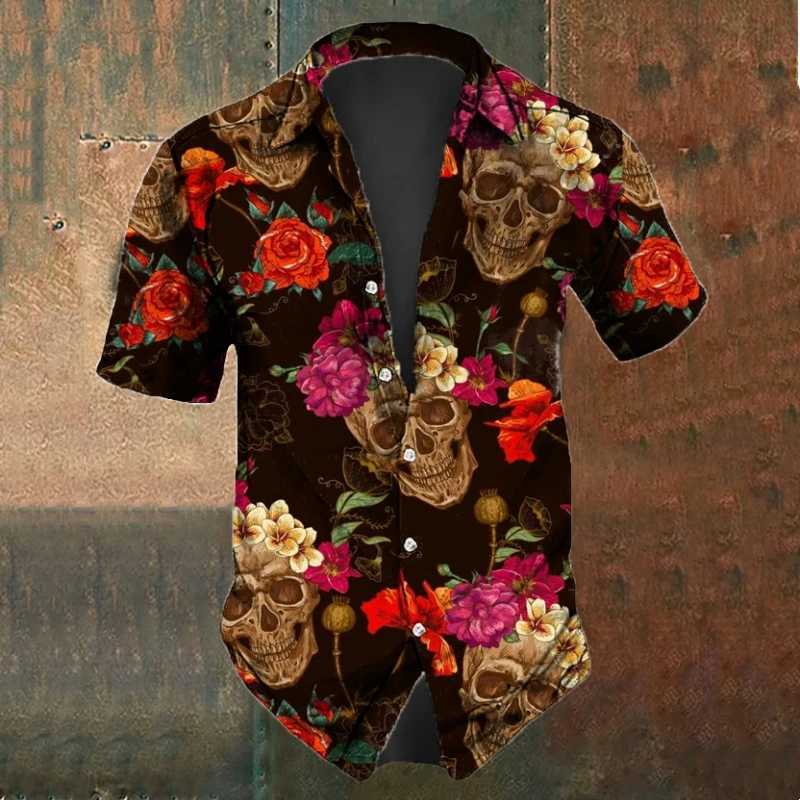 Summer Mens Skull Shirts Casual Short Sleeve Shirt For Men Black White Printed Mens Clothing Loose Oversized Lapel Shirts TopXJ240812
