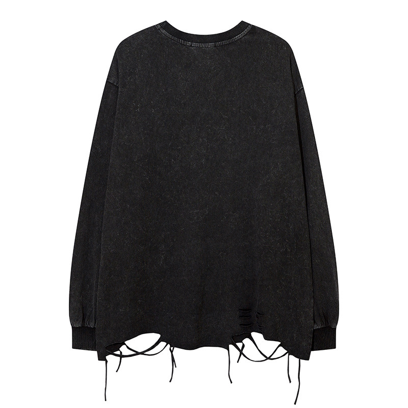 Solid Color Cut Open Hole Hem with Chain Loose Dark High Street Oversized Extended Long Sleeved T-shirt Mens Clothing