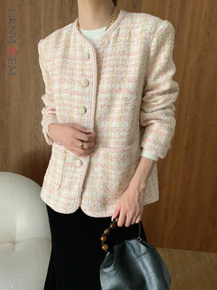 LANMREM Tweed Round Neck Blazer For Women Single Breasted Long Sleeve Office Lady Loose Jackets Autumn 26D9827 240812