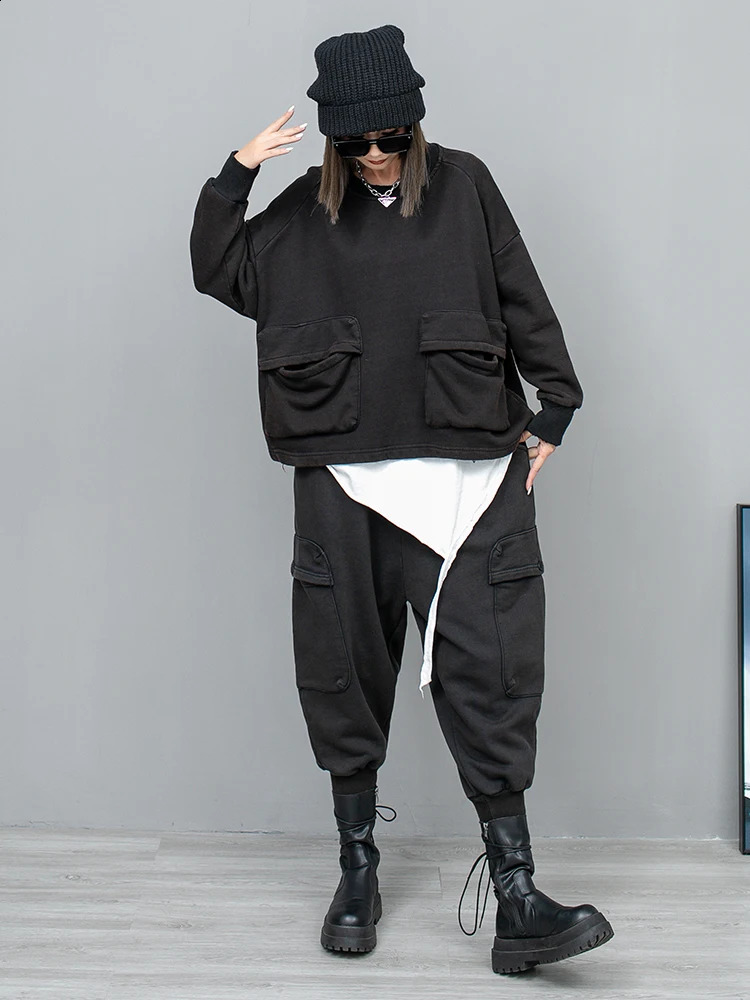 Spring Autumn Big Pocket Round Neck Long Sleeved Hoodie Small Leg Haren Pants Two-piece Set Women LX768 240812
