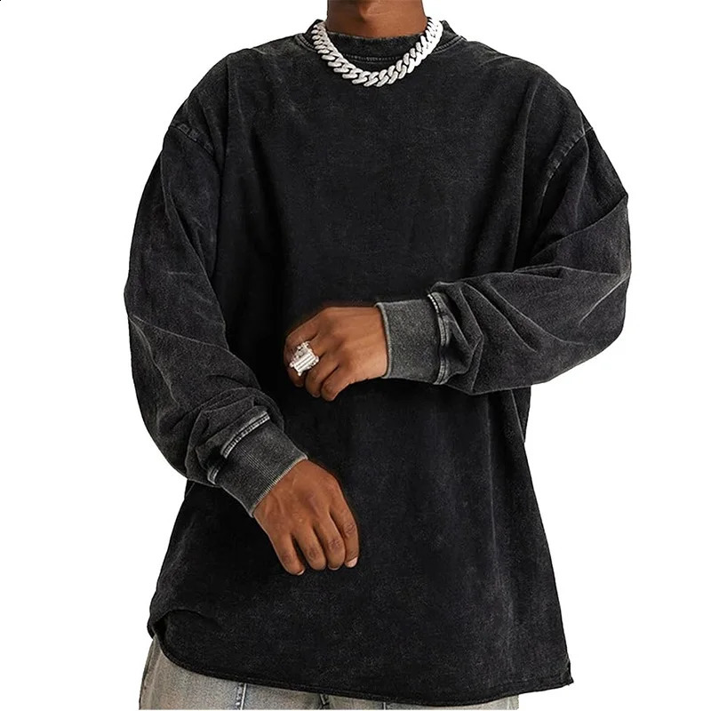 100% Cotton Retro Washed Long Sleeve Men T Shirt Loose Oversized Streetwear Trendy Pullovers Autumn Cotton Sweatshirt Hoodies 240812