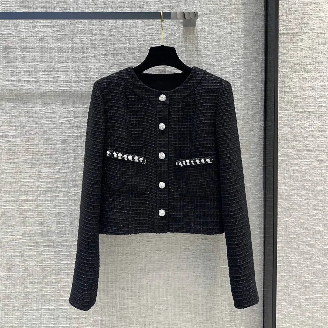 Runway fashion n black plain weave coarse woolen jacket womens retro Oneck lantern sleeve single chest pocket fashionable short 240808