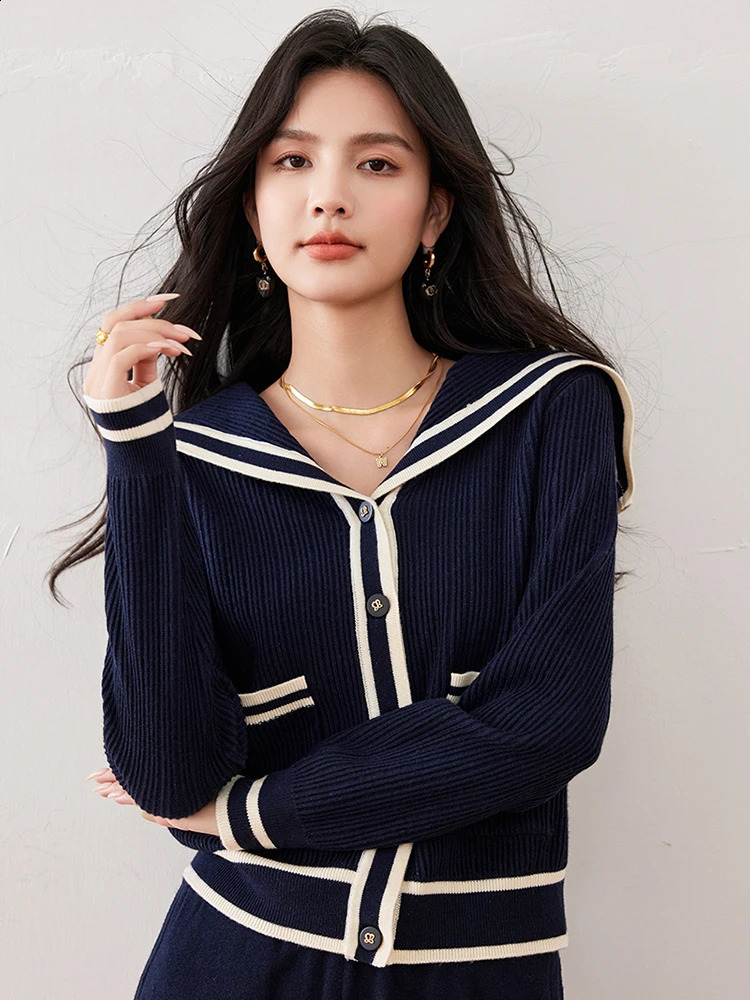 Autumn Winter Women Navy Blue Knitted Cardigans Fashion Loose Sweet Single Breasted Sailor Collar Pullover Sweater 240812