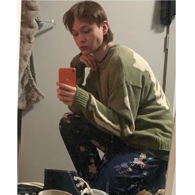 KAPITAL Vintage 1 1 Sweater Men Green Loose Cross Pattern Woman High Quality High Street Damage Hole Oversized Knitted Sweater 240812