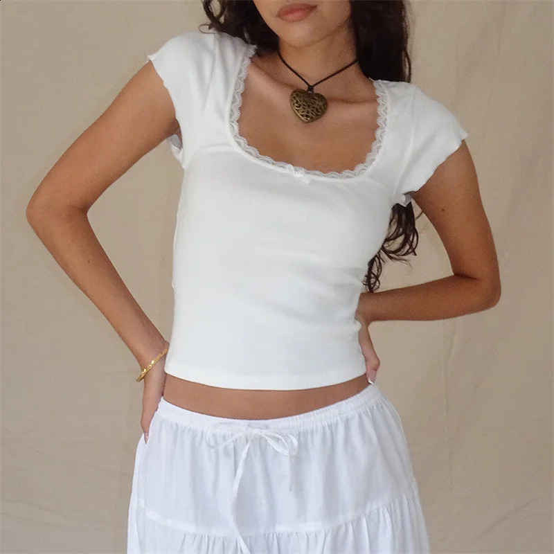 y2k Vintage Tee Cottage Lace Trim Knitted T-Shirt Summer Square Neck Short Sleeve Tee Shirt Women White Milkmaid Crop Top 240810