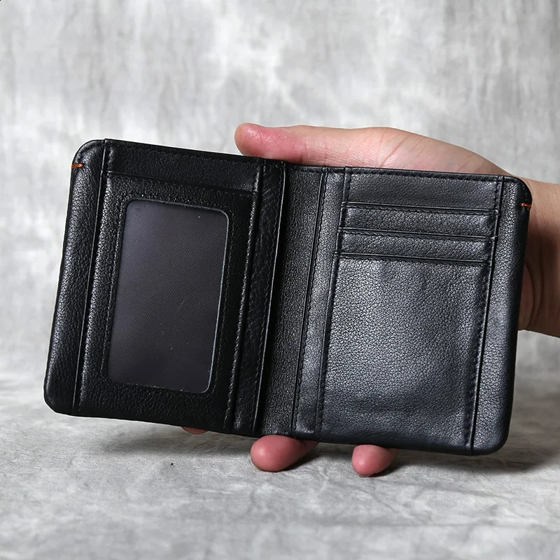 Leather wallet mens short sleeved handmade top cowhide retro casual edition ultrathin 240810